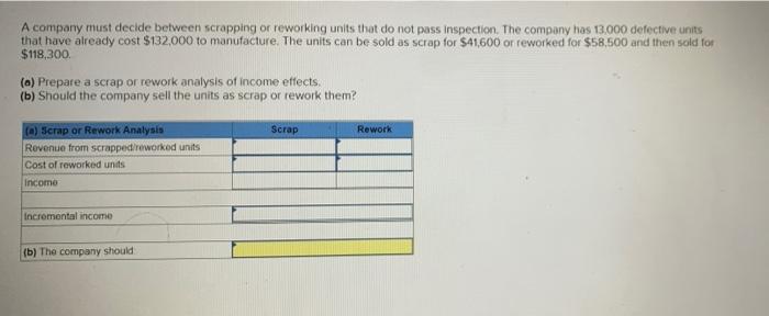 Solved A company must decide between scrapping or reworking | Chegg.com