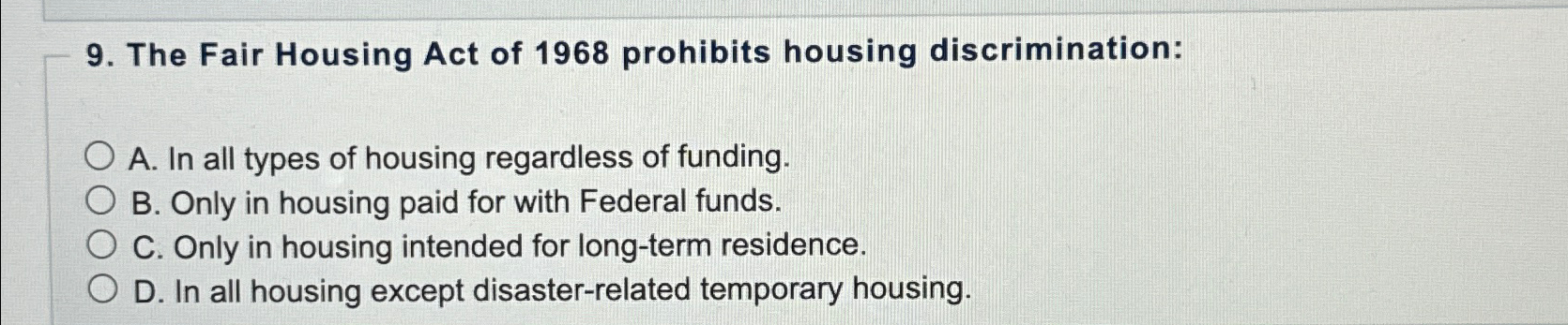 fair housing act of 1968 prohibits discrimination based on