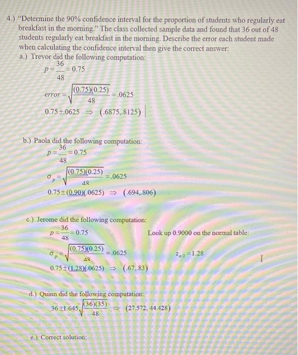 Solved 4.) "Determine the 90% confidence interval for the | Chegg.com