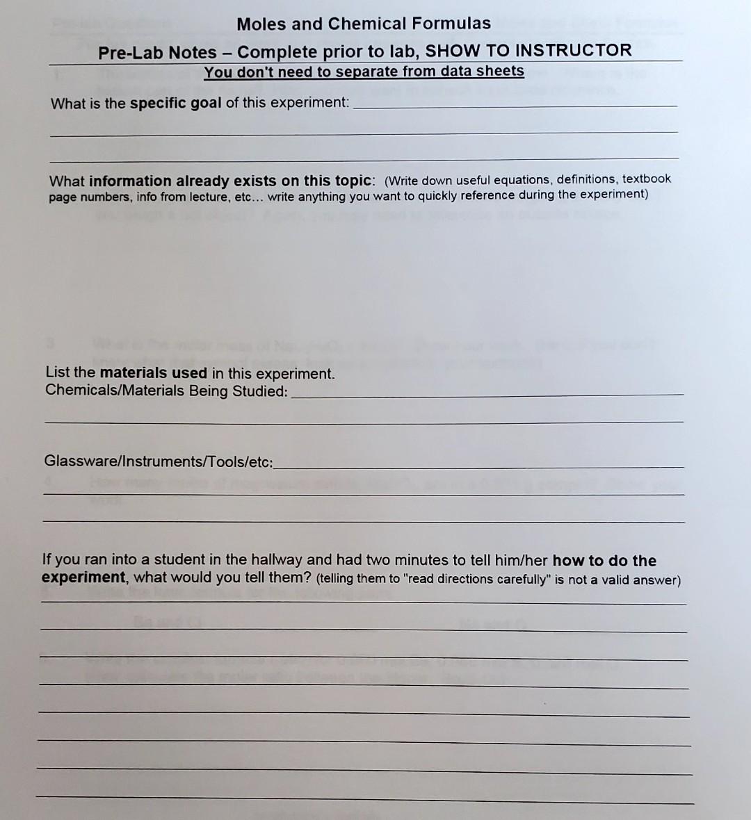 Solved Moles and Chemical Formulas Pre-Lab Notes - Complete | Chegg.com