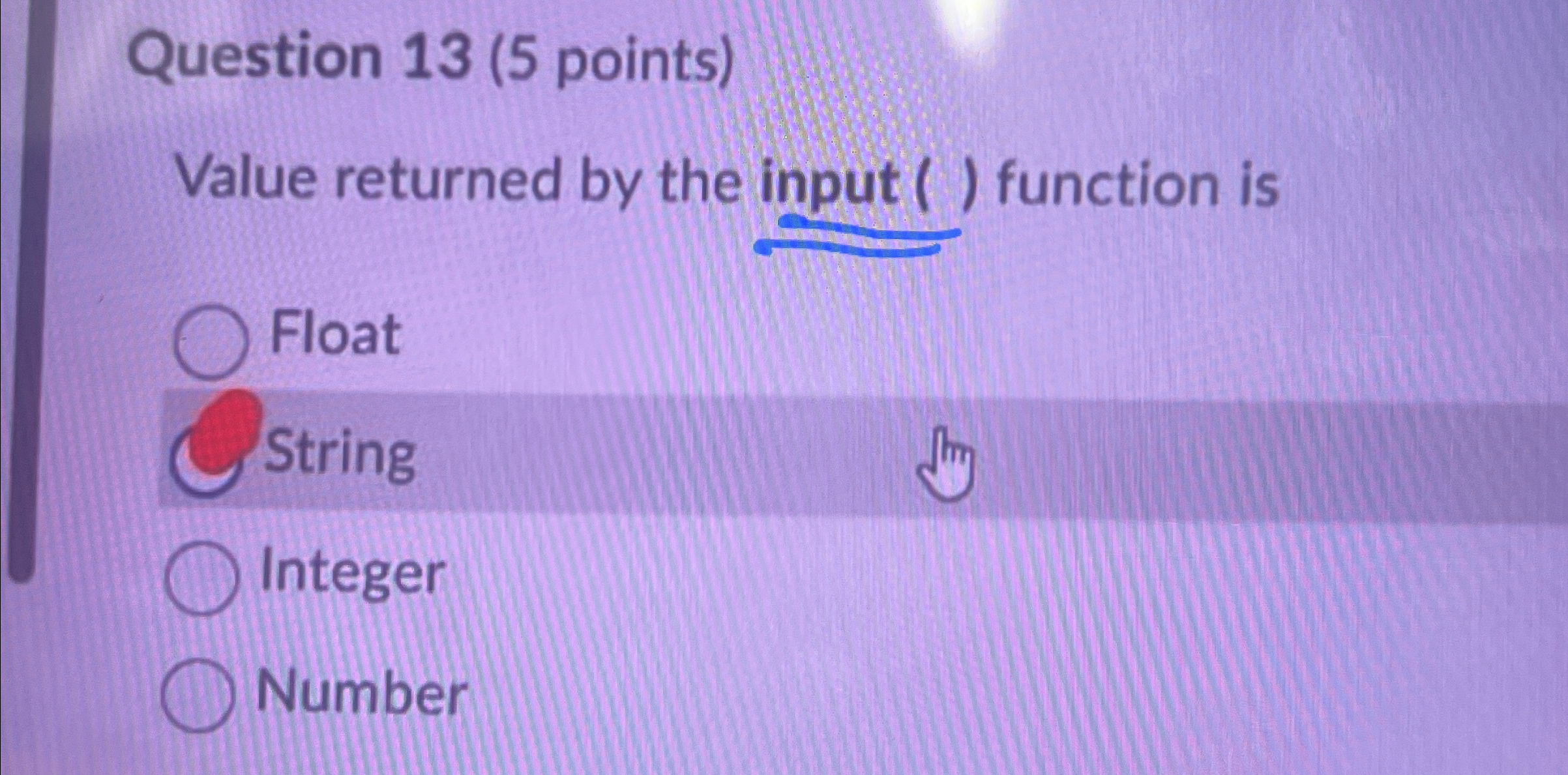 Solved Question 13 (5 ﻿points)Value returned by the input | Chegg.com
