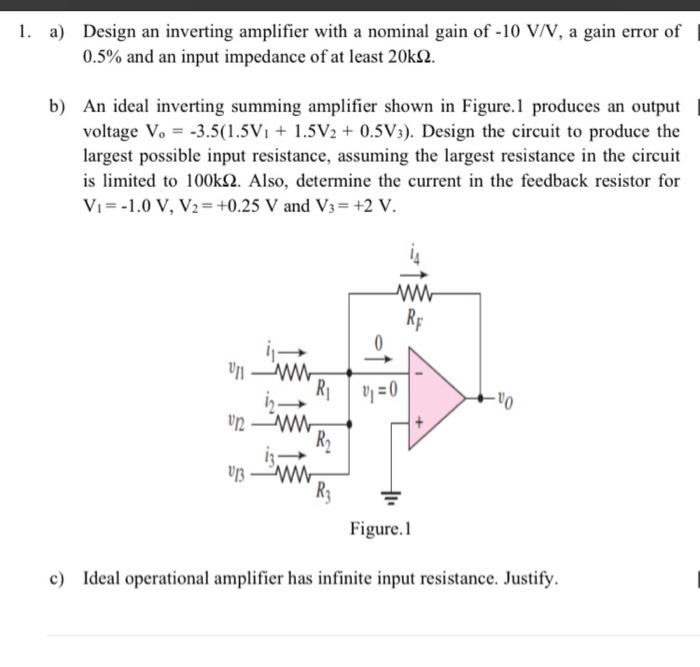 Solved 1. a) Design an inverting amplifier with a nominal | Chegg.com