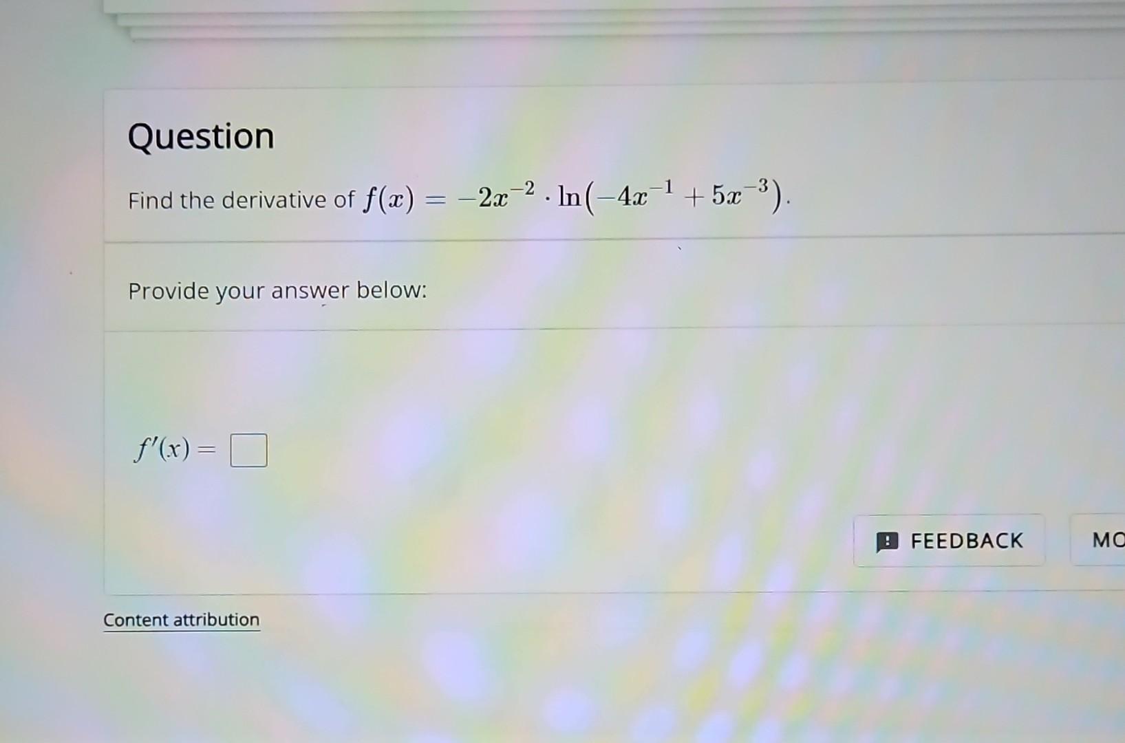 Solved Find The Derivative Of F X −2x−2⋅ln −4x−1 5x−3