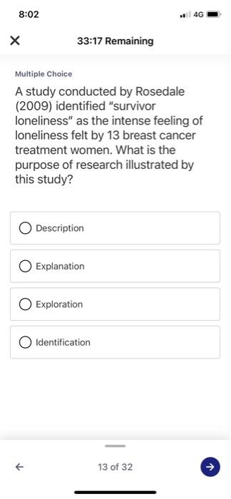 8:02 4G х 33:17 Remaining Multiple Choice A study conducted by Rosedale (2009) identified survivor loneliness as the intens