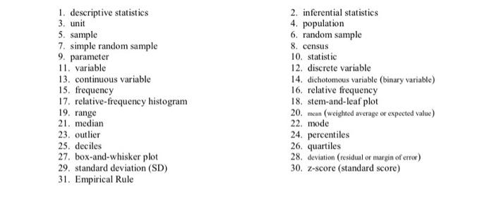 Solved 1. descriptive statistics 3. unit 5. sample 7. simple | Chegg.com