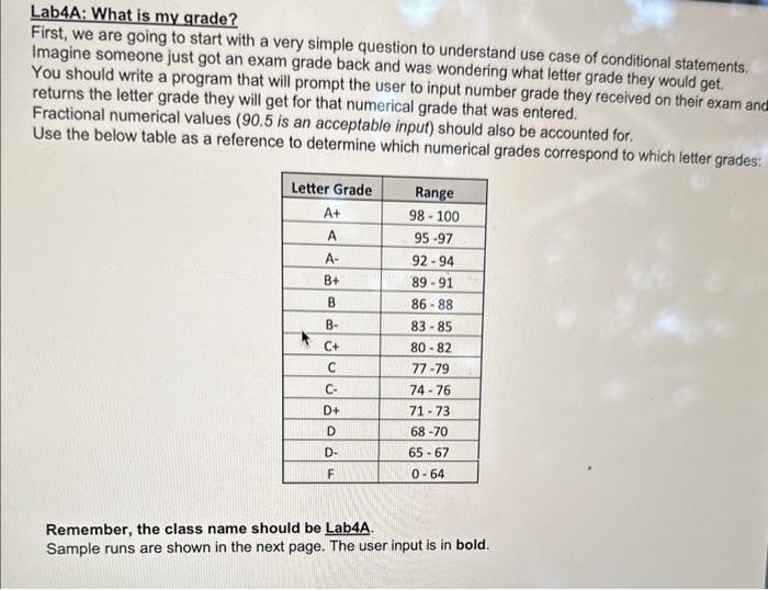 Solved Lab4A: What is my grade? First, we are going to start | Chegg.com