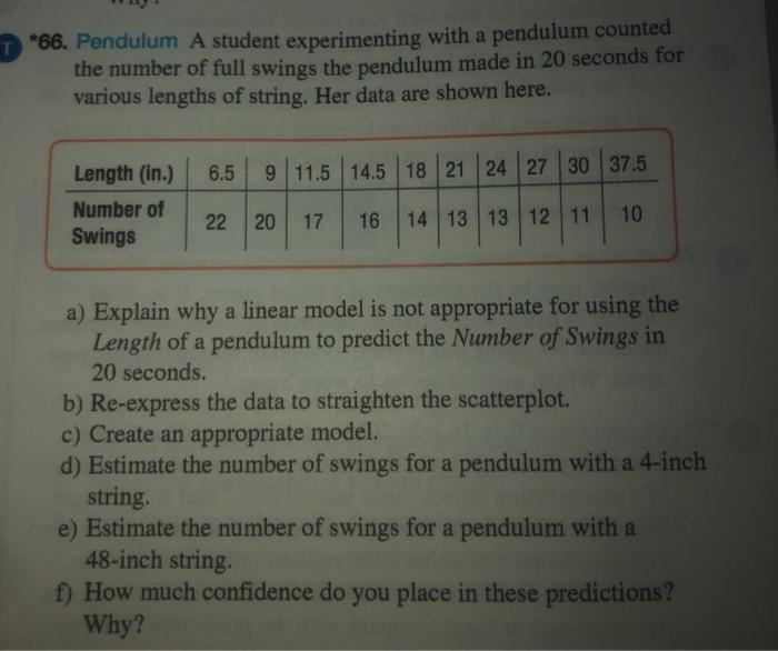 Solved *66. Pendulum A student experimenting with a pendulum | Chegg.com