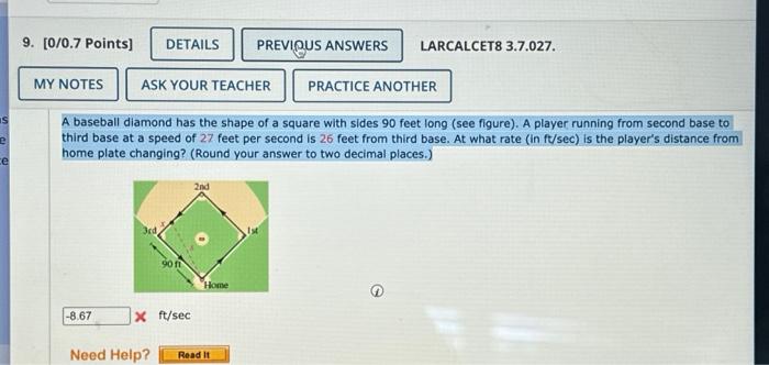 Solved A baseball diamond has the shape of a square with | Chegg.com