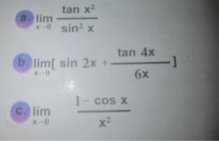 \( \begin{array}{l}\lim _{x \rightarrow 0} \frac{\tan x^{2}}{\sin ^{2} x} \\ \lim _{x \rightarrow 0}\left[\sin 2 x+\frac{\tan