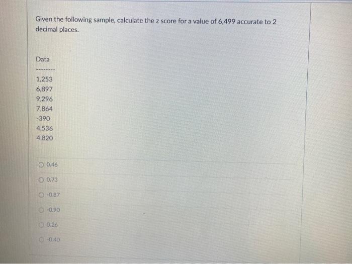 Solved Given the following sample, calculate the z score for | Chegg.com