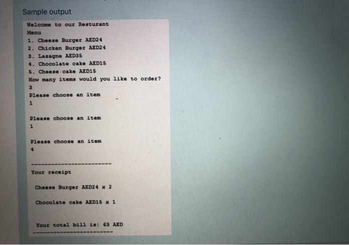 Solved Write a Java program for a restaurant's order | Chegg.com