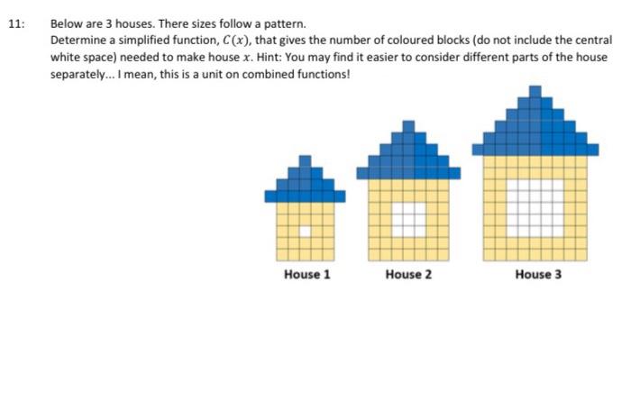 Solved 11: Below are 3 houses. There sizes follow a pattern. | Chegg.com