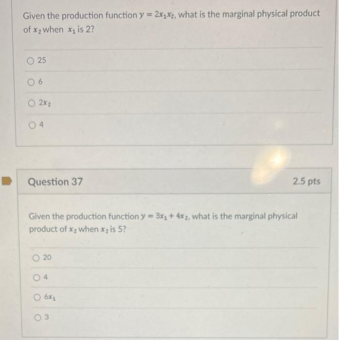 Solved Given the production function y=2x1x2, what is the | Chegg.com