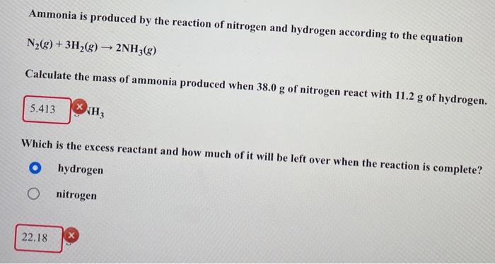 Solved Ammonia is produced by the reaction of nitrogen and | Chegg.com