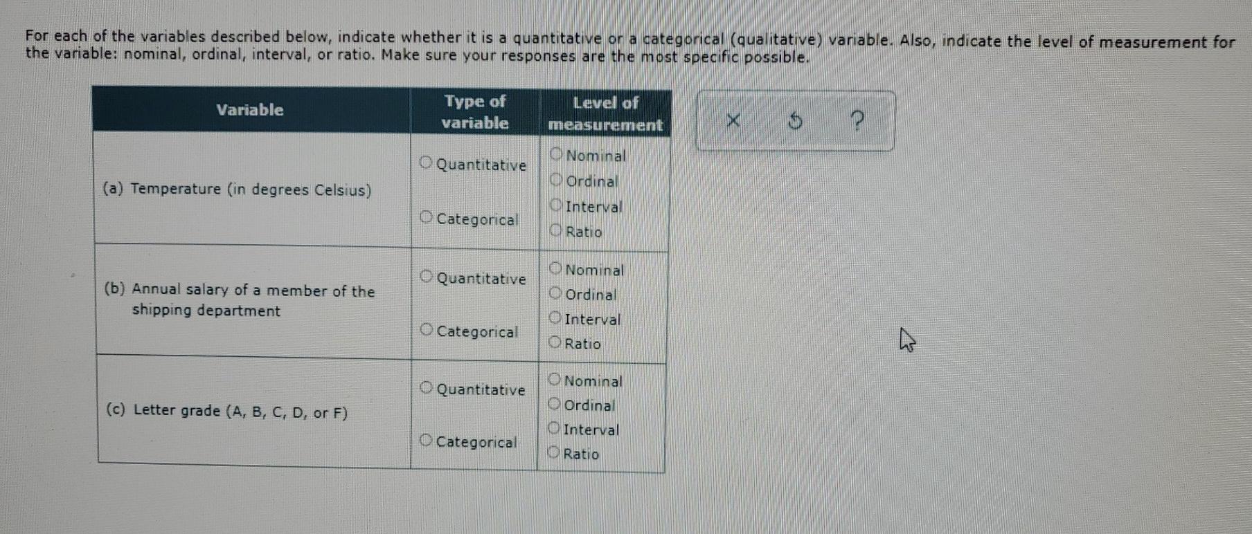 Solved For each of the variables described below, indicate | Chegg.com