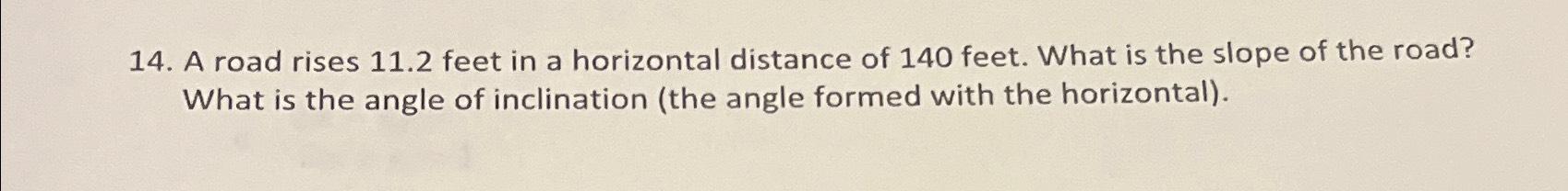 Solved A road rises 11.2 ﻿feet in a horizontal distance of | Chegg.com