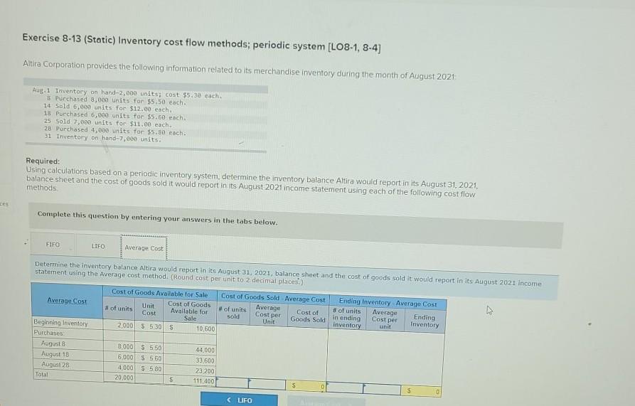 Solved Exercise 8-13 (Static) Inventory cost flow methods; | Chegg.com