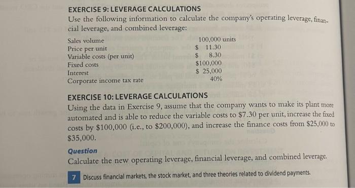 Solved EXERCISE 9: LEVERAGE CALCULATIONS Use The Following | Chegg.com