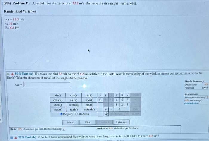 Solved (8%) Problem 11: A seagull flies at a velocity of | Chegg.com
