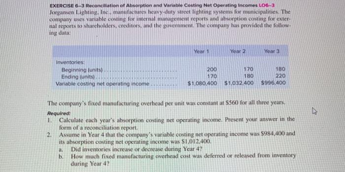 Solved EXERCISE 6-3 Reconciliation Of Absorption And | Chegg.com