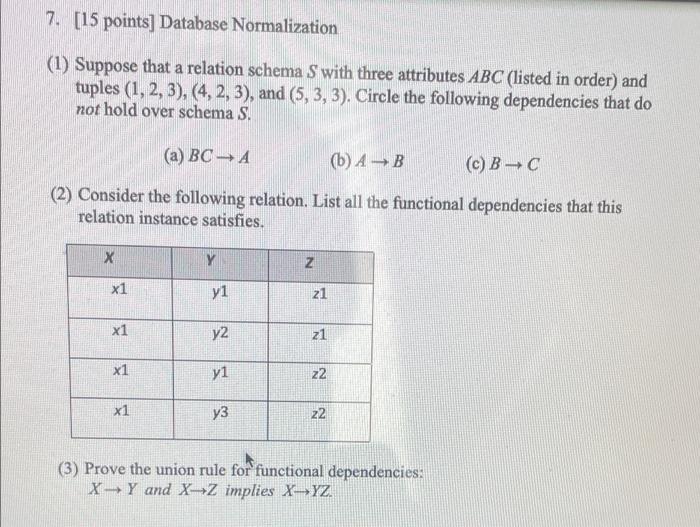 Solved 7. [15 Points] Database Normalization (1) Suppose | Chegg.com