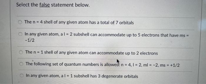 Select the false statement below. The n=4 shell of | Chegg.com