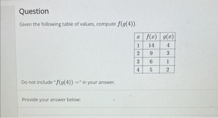 Solved Given the following table of values, compute f(g(4)). | Chegg.com