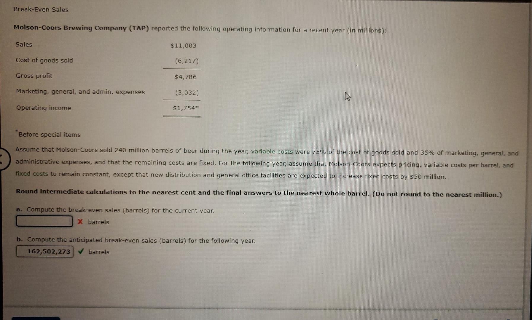 Solved BreakEven Sales MolsonCoors Brewing Company (TAP)