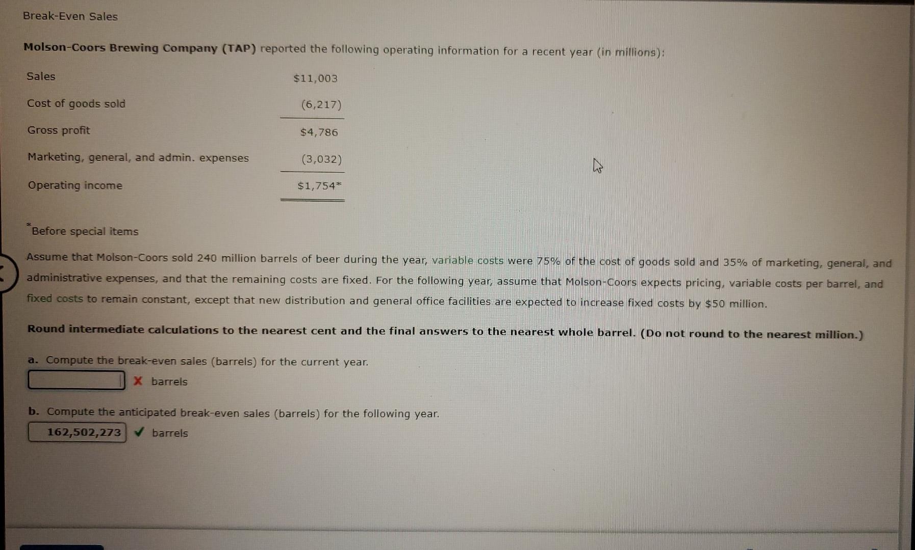 Solved Break-Even Sales Molson-Coors Brewing Company (TAP) | Chegg.com