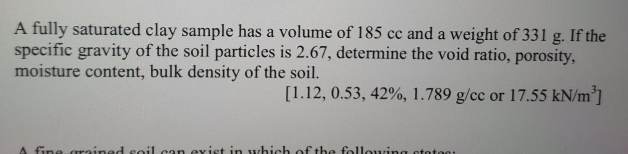 Solved A fully saturated clay sample has a volume of 185 cc | Chegg.com
