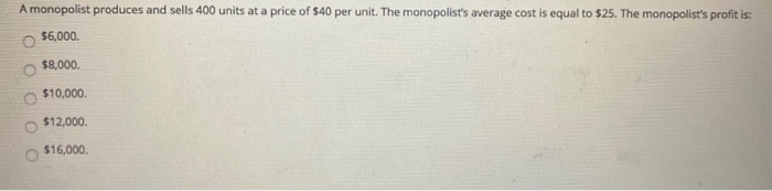 Solved A monopolist produces and sells 400 units at a price | Chegg.com