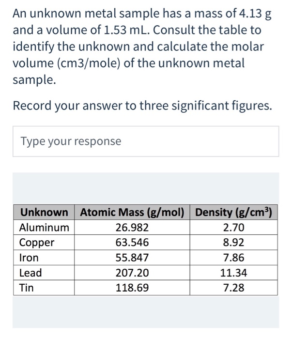 Solved An Unknown Metal Sample Has A Mass Of 4 13 G And A Chegg Com