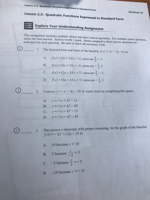 Solved Lesson 2.3: Quadratic Functions Expressed in Standard | Chegg.com