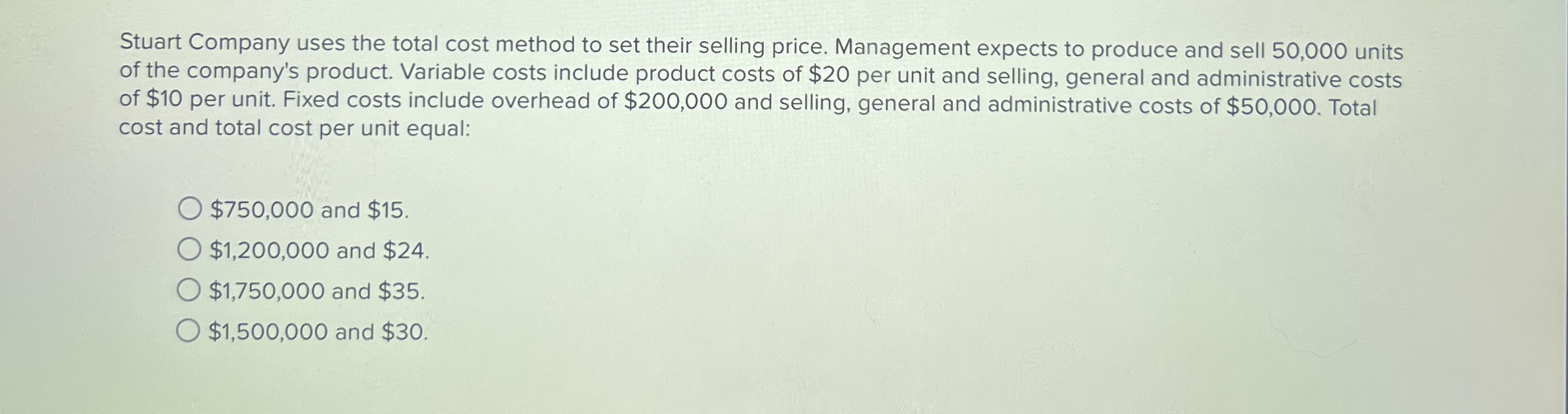 Solved Stuart Company uses the total cost method to set | Chegg.com