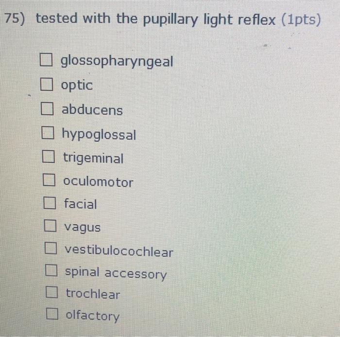 Solved 75) tested with the pupillary light reflex (1pts) | Chegg.com