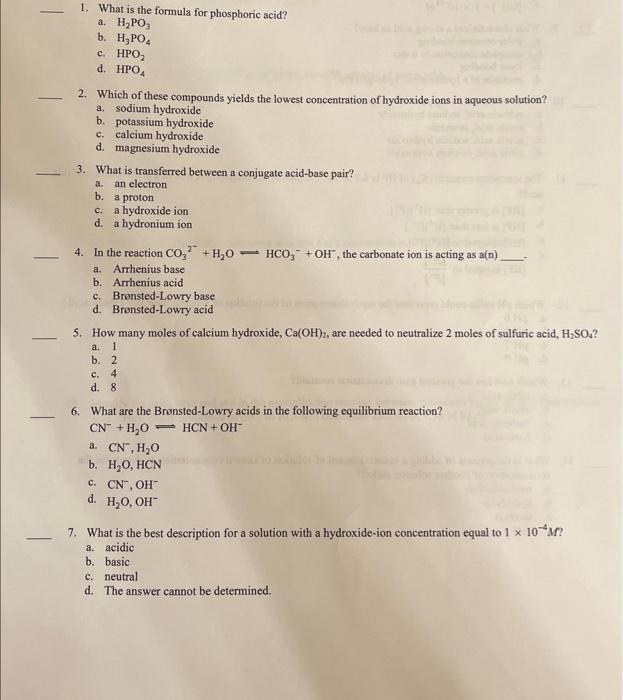 Solved 1. What is the formula for phosphoric acid? a. H2PO3 | Chegg.com