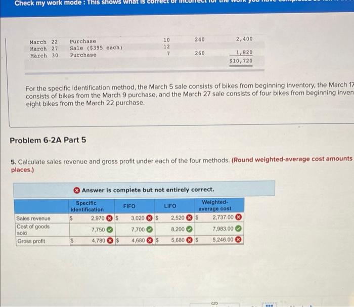 Check my work mode: This shows what is
March 22
Purchase
10
240
2,400
12
March 27 Sale ($395 each)
Purchase
March 30
7
260
1,