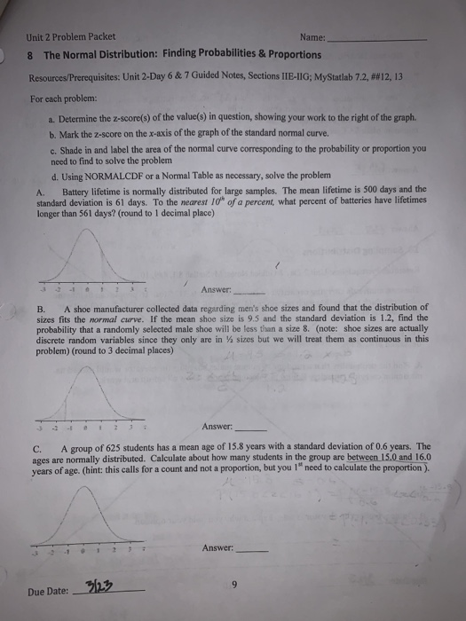 Solved Unit 2 Problem Packet Name: 8 The Normal | Chegg.com