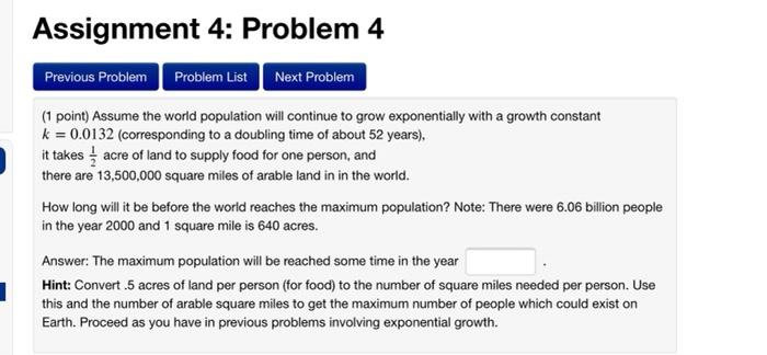 Solved Assignment 4: Problem 4 Previous Problem Problem List | Chegg.com