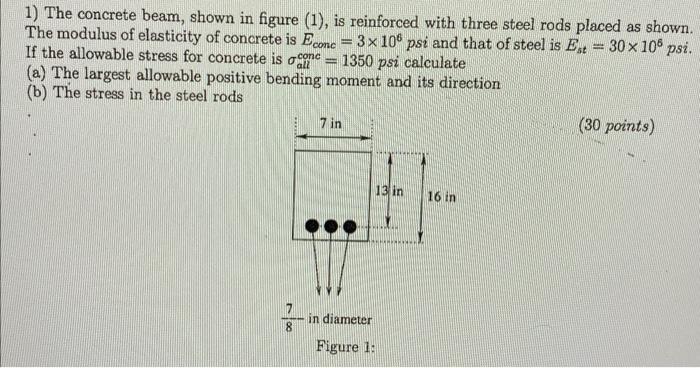 1) The concrete beam, shown in figure (1), is reinforced with three steel rods placed as shown. The modulus of elasticity of 