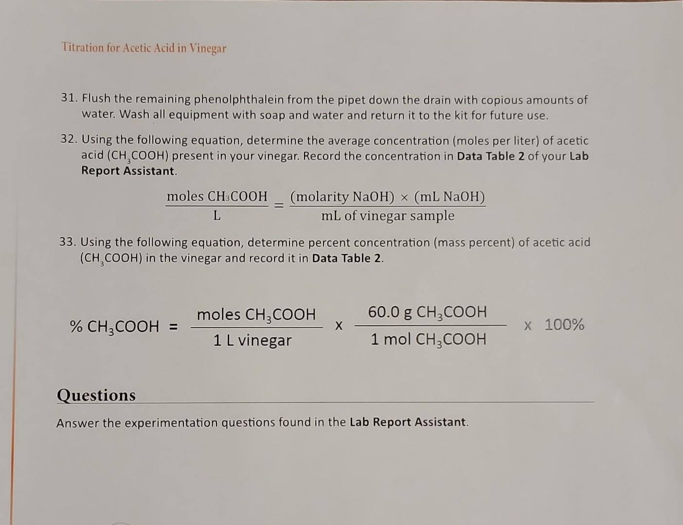 Titration for Acetic Acid in Vinegar Lab Report
