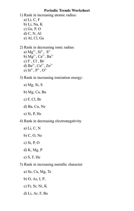 Solved Periodic Trends Worksheet 1 Rank In Increasing At Chegg Com