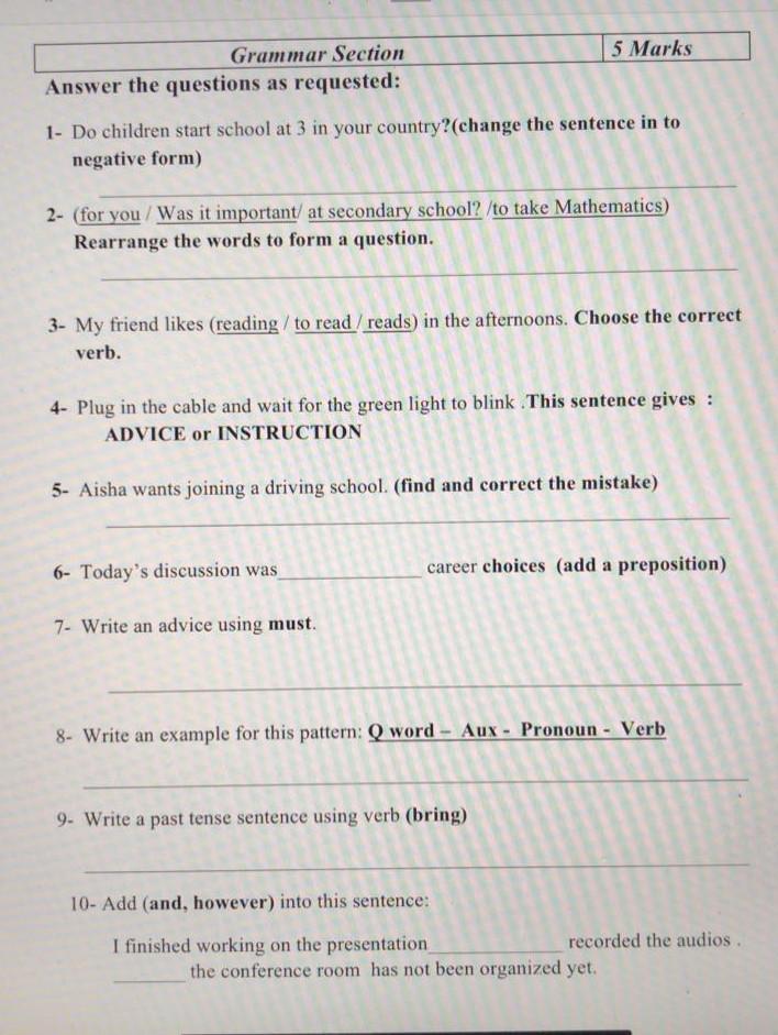 5 Marks Grammar Section Answer The Questions As Chegg Com