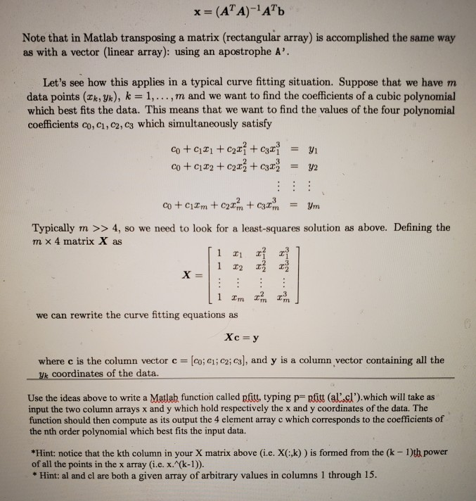Solved x=(ATA)-'AȚb Note that in Matlab transposing a matrix | Chegg.com
