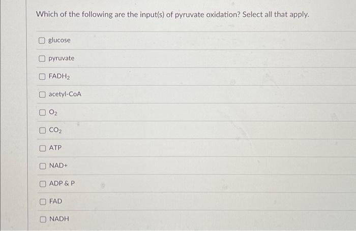 Solved Which of the following are the input(s) of pyruvate | Chegg.com