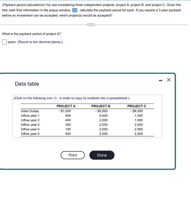 (Payback period calculations) You are considering three independent projects: project A. project B, and project C. Given the 