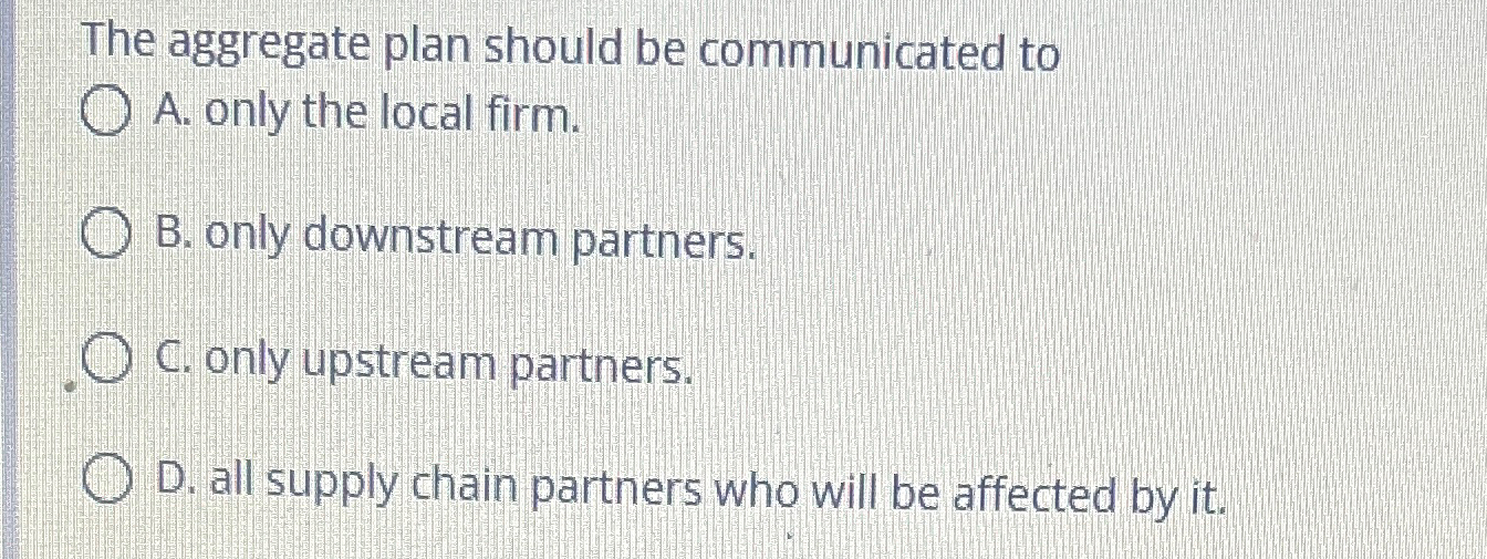 Solved The aggregate plan should be communicated toA. ﻿only | Chegg.com