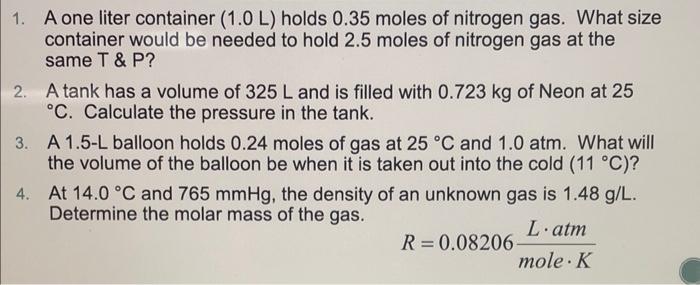 Solved 1. A one liter container (1.0 L) holds 0.35 moles of | Chegg.com