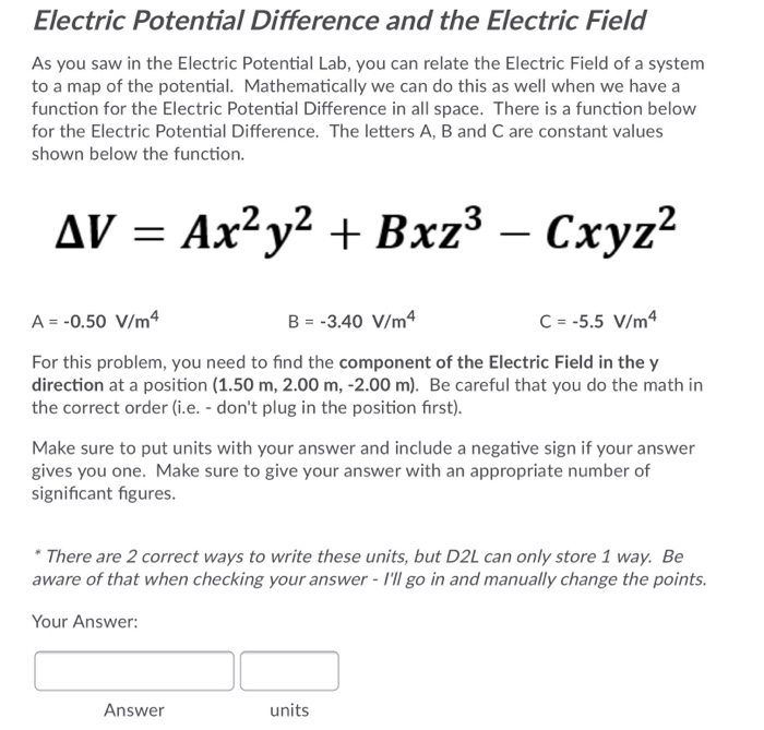 Solved Electric Potential Difference and the Electric Field | Chegg.com