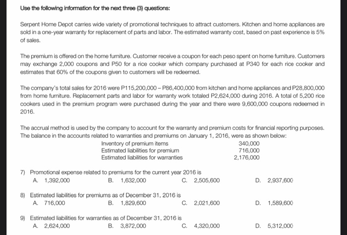 Solved Use the following information for the next three (3 ...